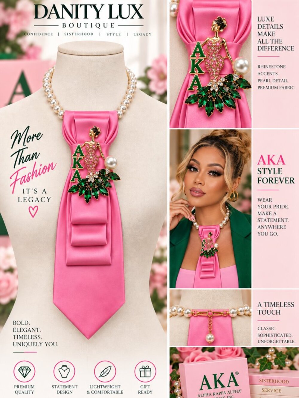 AKA Rhinestone Brooch Necktie Necklace